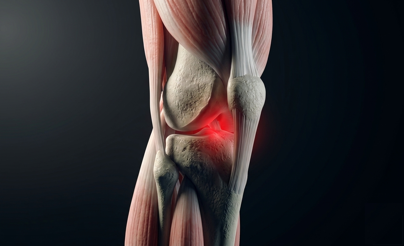 Coupe anatomique du genou montrant le point d'usure du cartilage